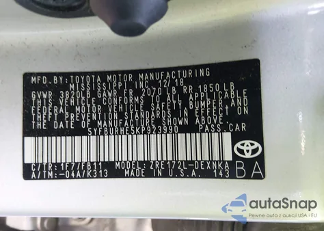 2019 Toyota Corolla Le from USA, damaged, VIN 5YFBURHE5KP923990